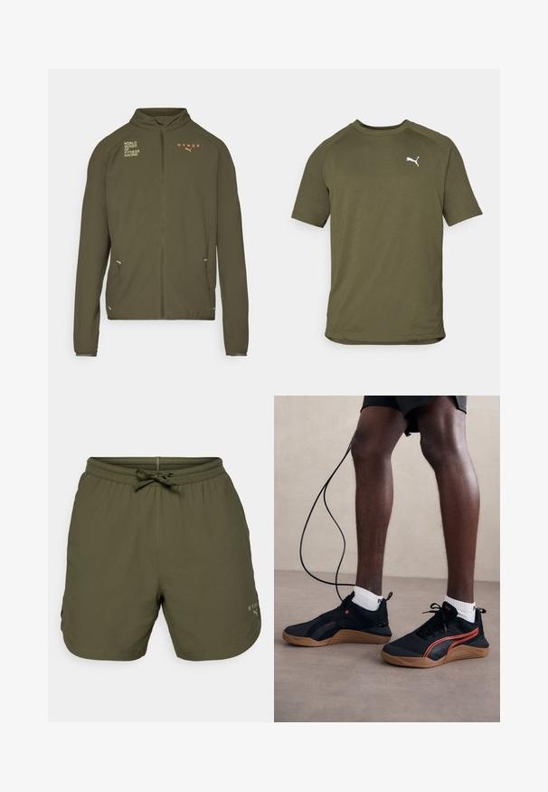 Olivově zelená sportovní bunda s vysokým límcem, plným předním zipem, postranními kapsami a potištěnými logy v bílé a oranžové barvě. Vyrobena z lehkého materiálu.; Olivově zelené tričko s krátkým rukávem, vyrobené z hladkého materiálu, má kulatý výstřih a bílou logo na levé straně hrudi.; Olivově zelené sportovní šortky vyrobené z lehkého materiálu, se skládacím pasem a šňůrkou, a s malým logem na boku.; Černé atletické boty s texturovaným svrškem, červenými detaily a gumovou podrážkou. Nosit s bílými ponožkami a černými šortkami, vedle se nachází nabíjecí kabel.