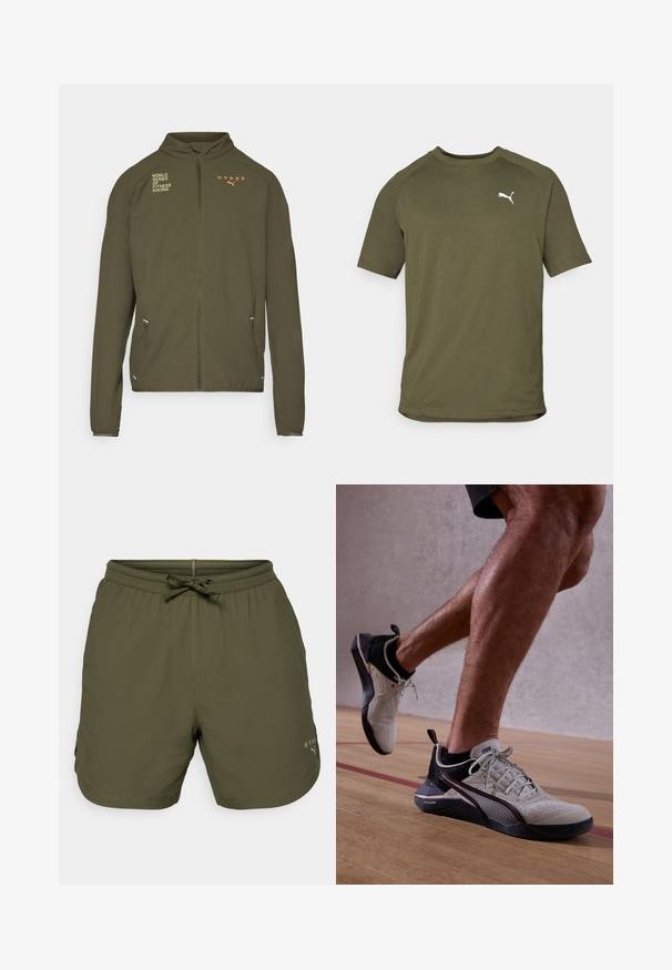 Olivgrüne Sportjacke mit hohem Kragen, durchgehendem Reißverschluss, Seitentaschen und aufgedruckten Logos in Weiß und Orange. Aus leichtem Material gefertigt.; Olivgrünes T-Shirt mit kurzen Ärmeln, aus glattem Stoff, mit rundem Halsausschnitt und weißem Logo auf der linken Brustseite.; Olivgrüne Sportshorts aus leichtem Material, ausgestattet mit einem elastischen Bund mit Kordelzug und einem kleinen Logo-Detail an der Seite.; Puma FUSE 3.0 - Trainingsschuh - vapor gray/mars red/black