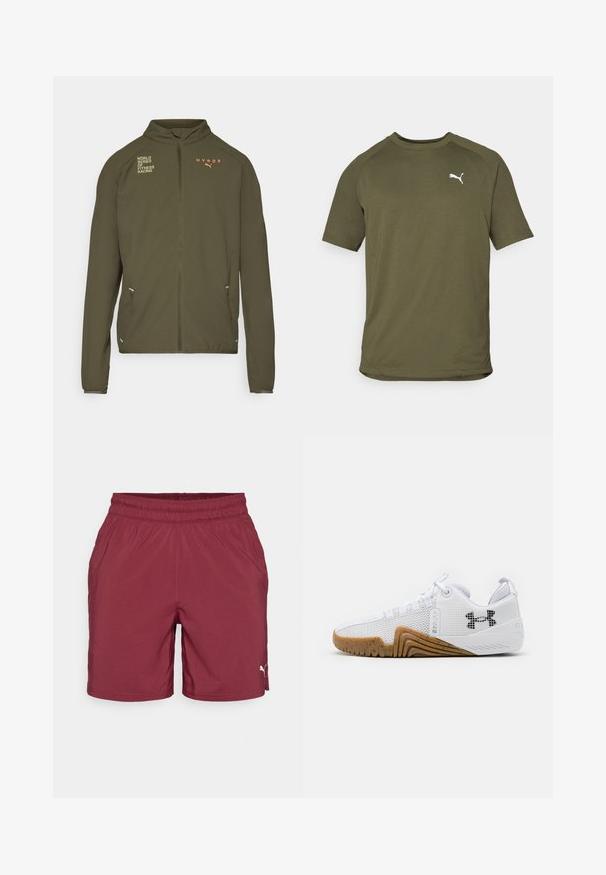 Olijfgroene sportjack met hoge kraag, volledige ritssluiting, zijzakken en bedrukte logo's in wit en oranje. Gemaakt van lichtgewicht materiaal.; Olijfgroene t-shirt met korte mouwen, gemaakt van een gladde stof, heeft een ronde hals en een wit logo op de linkerborst.; Bordeaux sportshorts met een elastische tailleband, zijzakken en een klein wit logo op de rechter onderzijde. Gladde stofstructuur.; Witte sportschoenen met een bovenwerk van mesh, rubberen buitenzool in een gomkleur, textuuraccenten en een zwart logo op de zijkant.