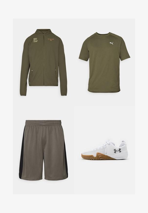 Oliven grønn treningsjakke med høy krage, hel glidelås, sidelommer og trykte logoer i hvitt og oransje. Laget av lett materiale.; Olivenfarget t-skjorte med korte ermer, laget av glatt stoff, har rund hals og hvitt logo på venstre bryst.; Khaki sports shorts laget av teksturert mesh-stoff, med svarte sidepaneler, elastisk midje og en avslappet passform for komfort.; Hvite joggesko med mesh-overdel, gummisåle i kamskjellfarge, teksturerte detaljer og en svart logo på siden.