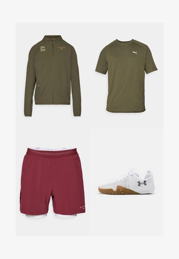 Alyvuogių žalios spalvos sportinė striukė su aukštu apykakle, pilnu priekiu užtrauktuku, šoninėmis kišenėmis ir baltomis bei oranžinėmis logotipo spaudomis. Pagaminta iš lengvos medžiagos.; Alyvuogių žalumos trumpas rankovės marškinėliai, pagaminti iš lygaus audinio, turi apvalų iškirpimą ir baltą logotipą kairėje krūtinės pusėje.; Džiaugsmingiausi marškiniai su vininiu atspalviu, turintys tinklinę juostelę ir baltą vidinį pamušalą. Yra šoninė kišenė ir logotipas ant apatinės kojos.; Balti sportiniai batai su tinklelio viršumi, guminiu padu rudos spalvos, tekstūruotais akcentais ir juodu logotipu šone.