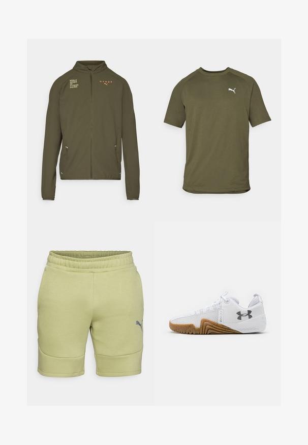 Oliivinvihreä urheilu takki, jossa on korkea kaulus, täysipituinen vetoketju, sivutaskut ja painetut logot valkoisena ja oranssina. Valmistettu kevyestä materiaalista.; Oliivinvihreä lyhythihainen t-paita, valmistettu sileästä kankaasta, jossa on pyöreä pääntie ja valkoinen logo vasemmalla rintapuolella.; Vihreät urheilushortsit, joissa on joustava vyötärönauha, sileä pinta ja sivusaumat. Alhaalla vasemmassa kulmassa on harmaa logo.; Valkoiset urheilukengät, joissa on verkkopinta, kumipohja gumminvärisenä, tekstiiliset yksityiskohdat ja musta logo sivussa.