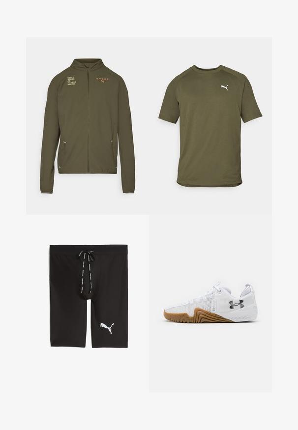 Giacca sportiva verde oliva con alto collo, zip frontale completa, tasche laterali e loghi stampati in bianco e arancione. Realizzata in materiale leggero.; T-shirt verde oliva a maniche corte, realizzata in tessuto liscio, presenta un collo rotondo e un logo bianco sul lato sinistro del petto.; Pantaloni sportivi neri realizzati in tessuto liscio con cintura in rete. Presentano un cordino e un logo Puma bianco sul lato sinistro.; Scarpe atletiche bianche con una tomaia in rete, suola in gomma di colore gomma, dettagli testurizzati e un logo nero sul lato.