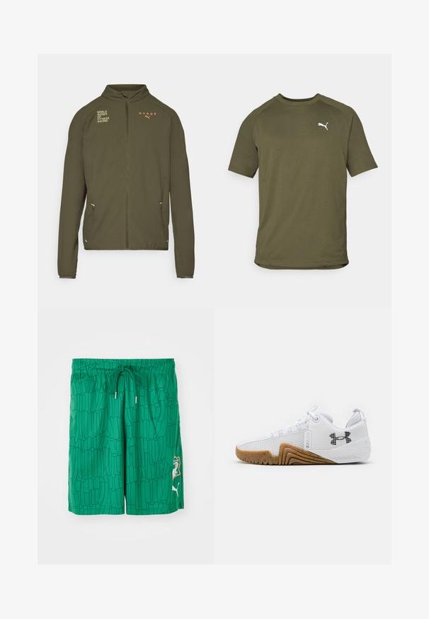 Olive green athletic jacket with high collar, full front zipper, side pockets, and printed logos in white and orange. Made of lightweight material.; Olive green short-sleeve t-shirt, made of smooth fabric, features rounded neckline and white logo on the left chest side.; Green swim shorts with a textured pattern, elastic waistband, and drawstring. Features a logo patch on the side and contrasting trim details.; White athletic shoes featuring a mesh upper, rubber outsole with a gum color, textured accents, and a black logo on the side.