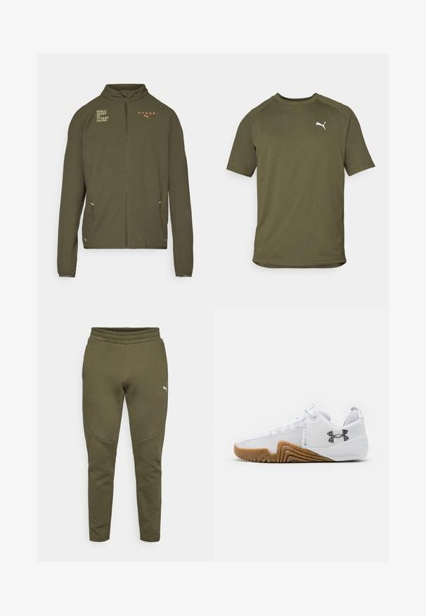 Chaqueta deportiva de color verde oliva con alto cuello, cremallera frontal completa, bolsillos laterales y logotipos impresos en blanco y naranja. Fabricada en material ligero.; Camiseta de manga corta color verde oliva, hecha de un tejido suave, presenta un escote redondeado y un logo blanco en el lado izquierdo del pecho.; Pantalones de chándal verde oliva con un corte ajustado, cinturilla elástica y un pequeño logo blanco en el lado izquierdo. Tejido suave con una textura lisa.; Zapatillas deportivas blancas con parte superior de malla, suela de goma de color goma, acentos texturizados y un logo negro en el costado.