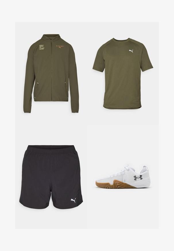 Olivovozelená športová bunda s vysokým golierom, plným predným zipsom, bočnými vreckami a potlačenými logami v bielej a oranžovej farbe. Vyrobená z ľahkého materiálu.; Olívovo zelené tričko s krátkym rukávom, vyrobené z hladkej látky, má okrúhly výstrih a biele logo na ľavej strane hrudníka.; Čierne športové šortky vyrobené z ľahkej tkaniny, so elastickým pásom a malým bielym logom Puma na ľavej strane.; Biele atletické topánky s priedušným zvrškom, gumenou podrážkou v gumovej farbe, textúrovanými akcentmi a čiernym logom na boku.