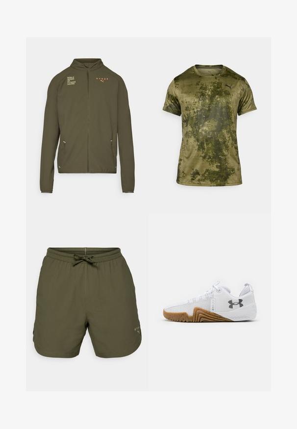 Alyvuogių žalios spalvos sportinė striukė su aukštu apykakle, pilnu priekiu užtrauktuku, šoninėmis kišenėmis ir baltomis bei oranžinėmis logotipo spaudomis. Pagaminta iš lengvos medžiagos.; Šviesiai žalia trumpomis rankovėmis sportinė marškinė su tekstūriniu raštu. Yra mažas juodas logotipas kairėje krūtinės pusėje.; Olive spalvos sportiniai šortai, pagaminti iš lengvos medžiagos, su elastinga juosta ir raišteliu, bei mažas logotipo detalė šone.; Balti sportiniai batai su tinklelio viršumi, guminiu padu rudos spalvos, tekstūruotais akcentais ir juodu logotipu šone.