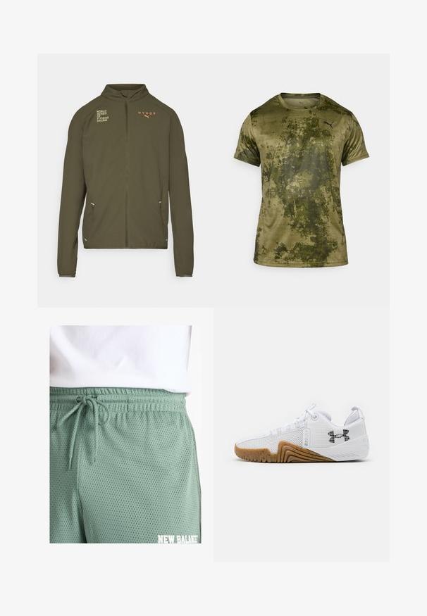 Chaqueta deportiva de color verde oliva con alto cuello, cremallera frontal completa, bolsillos laterales y logotipos impresos en blanco y naranja. Fabricada en material ligero.; Camiseta deportiva de manga corta en verde olivo con un acabado texturizado y con patrón. Presenta un pequeño logotipo negro en la parte superior izquierda del pecho.; Bermudas de malla verde claro con cintura elástica y cordón. Presentan pequeños orificios para transpirabilidad y un detalle de logo en blanco.; Zapatillas deportivas blancas con parte superior de malla, suela de goma de color goma, acentos texturizados y un logo negro en el costado.