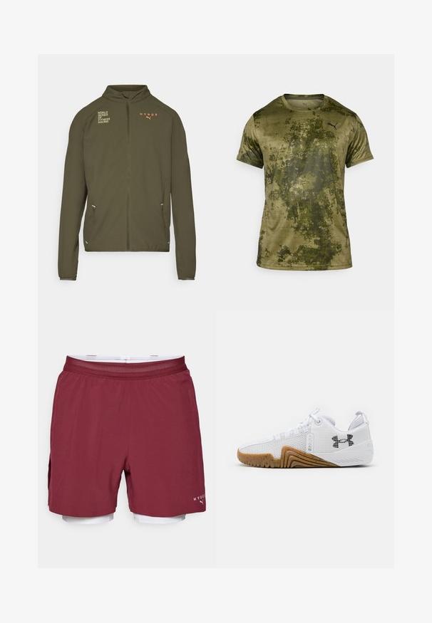 Olive green athletic jacket with high collar, full front zipper, side pockets, and printed logos in white and orange. Made of lightweight material.; Short-sleeve athletic shirt in olive green with a textured, patterned finish. Features a small black logo on the upper left chest.; Maroon athletic shorts featuring a mesh waistband and white inner liner. Includes a side pocket and logo accent on the lower leg.; White athletic shoes featuring a mesh upper, rubber outsole with a gum color, textured accents, and a black logo on the side.