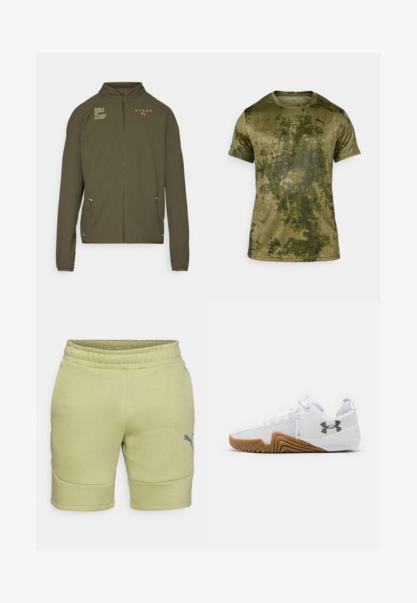 Olivově zelená sportovní bunda s vysokým límcem, plným předním zipem, postranními kapsami a potištěnými logy v bílé a oranžové barvě. Vyrobena z lehkého materiálu.; Krátký rukáv sportovního trička v olivově zelené barvě s texturovaným, vzorovaným povrchem. Obsahuje malé černé logo na levé horní části hrudi.; Světlé zelené sportovní kraťasy s elastickým páskem, hladkým povrchem a bočními švy. Na dolní části vlevo se nachází šedé logo.; Bílé sportovní boty svršek z prodyšné síťoviny, gumová podrážka v barvě gumy, texturované detaily a černé logo na boku.