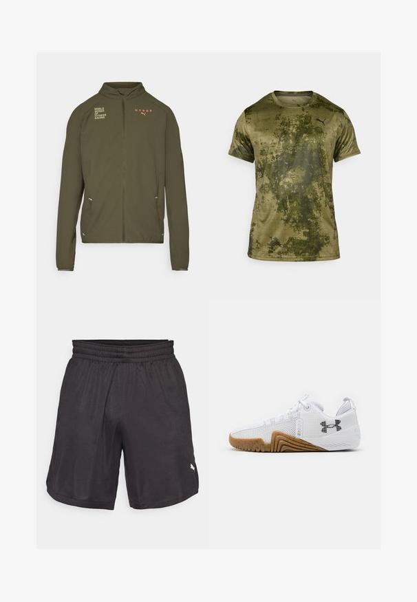 Chaqueta deportiva de color verde oliva con alto cuello, cremallera frontal completa, bolsillos laterales y logotipos impresos en blanco y naranja. Fabricada en material ligero.; Camiseta deportiva de manga corta en verde olivo con un acabado texturizado y con patrón. Presenta un pequeño logotipo negro en la parte superior izquierda del pecho.; Pantalones cortos deportivos negros con una cinturilla elástica, tejido suave y aberturas laterales. Presenta un pequeño logotipo en la parte inferior de la pierna derecha.; Zapatillas deportivas blancas con parte superior de malla, suela de goma de color goma, acentos texturizados y un logo negro en el costado.