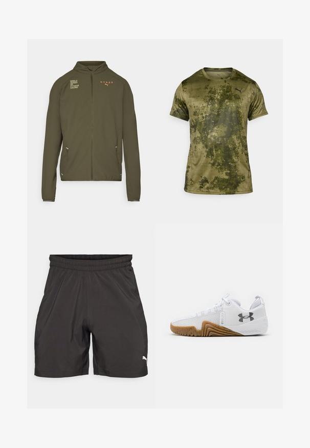 Olive green athletic jacket with high collar, full front zipper, side pockets, and printed logos in white and orange. Made of lightweight material.; Short-sleeve athletic shirt in olive green with a textured, patterned finish. Features a small black logo on the upper left chest.; Black athletic shorts made of lightweight fabric, featuring an elastic waistband and a small white logo on the lower left side.; White athletic shoes featuring a mesh upper, rubber outsole with a gum color, textured accents, and a black logo on the side.