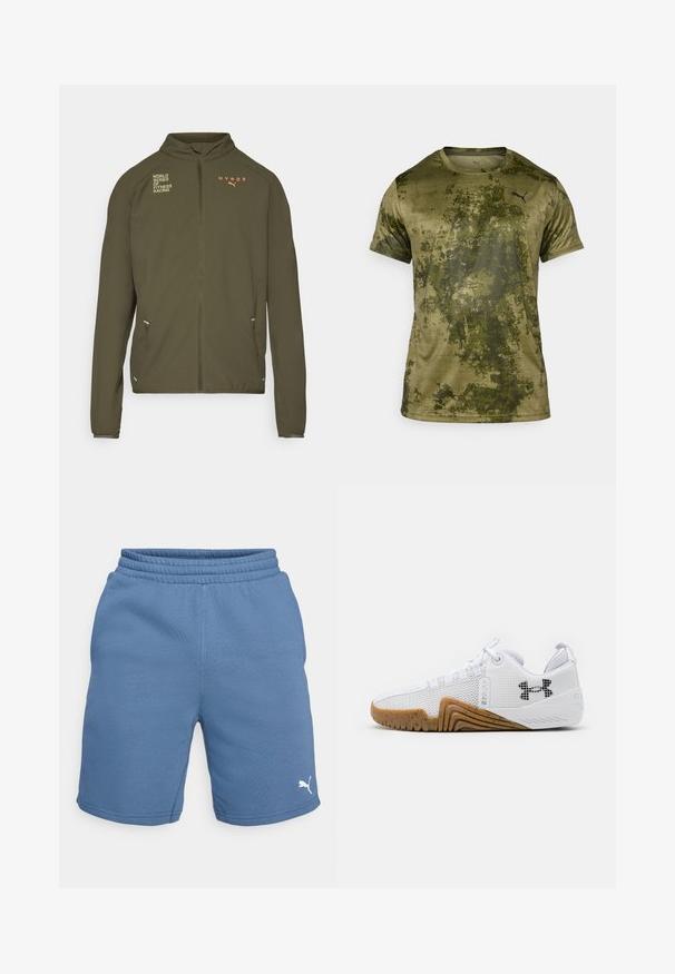 Olivno zelena atletska jakna z visokim ovratnikom, celotnim zadrgo spredaj, stranskimi žepi in natisnjenimi logotipi v beli in oranžni barvi. Narejena iz lahkotnega materiala.; Kratka športna majica s kratkimi rokavi v olivno zeleni barvi z teksturiranim, vzorčastim zaključkom. Ima majhen črn logotip na zgornjem levem prsnem delu.; Modri atletski šortsi z elastičnim pasom, gladko teksturo in belim logotipom Puma na spodnjem desnem delu noge.; Bele športne čevlje z mrežastim zgornjim delom, gumijastim podplatom v barvi gumija, teksturiranimi poudarki in črnim logotipom na strani.
