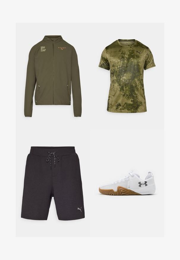 Oliven grønn treningsjakke med høy krage, hel glidelås, sidelommer og trykte logoer i hvitt og oransje. Laget av lett materiale.; Korte ermer idretts skjorte i olivengrønn med teksturert, mønstrede overflate. Har en liten svart logo øverst til venstre på brystet.; Mørkegrå herre atletikkshorts laget av myk stoff, med elastisk midje og snor, samt en liten sølvfarget logo på siden.; Hvite joggesko med mesh-overdel, gummisåle i kamskjellfarge, teksturerte detaljer og en svart logo på siden.