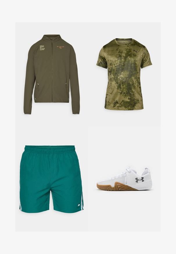 Olivgrön atletisk jacka med hög krage, hel dragkedja, sidofickor och tryckta logotyper i vitt och orange. Tillverkad av lätt material.; Kortärmad träningströja i olivgrön med en texturerad, mönstrad yta. Har en liten svart logotyp på den övre vänstra bröstet.; Herrbadbyxor i teal-tyg, med elastisk midja, två sidosträck i vitt och liten logotypdetalj på fållen.; Vita atletiska skor med en meshuverdel, gummisula i gumfärg, texturerade detaljer och en svart logotyp på sidan.