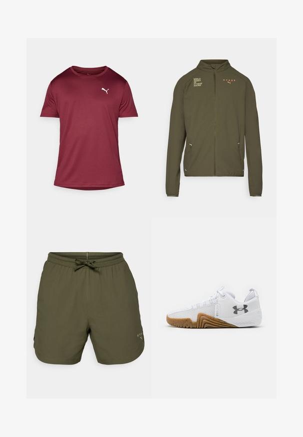 Olive green athletic jacket with high collar, full front zipper, side pockets, and printed logos in white and orange. Made of lightweight material.; Maroon short-sleeve t-shirt made of smooth fabric featuring a crew neckline and a white Puma logo on the left chest. Simple design.; Olive green athletic shorts made of lightweight fabric, featuring an elastic waist with a drawstring and a small logo detail on the side.; White athletic shoes featuring a mesh upper, rubber outsole with a gum color, textured accents, and a black logo on the side.