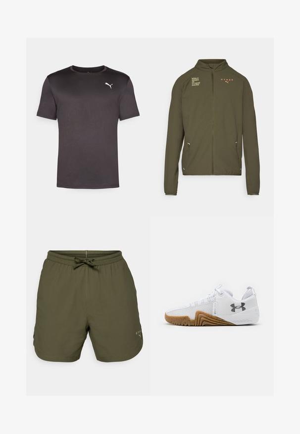 Olivově zelená sportovní bunda s vysokým límcem, plným předním zipem, postranními kapsami a potištěnými logy v bílé a oranžové barvě. Vyrobena z lehkého materiálu.; Černé tričko s krátkým rukávem vyrobené z hladkého, lehkého materiálu. Disponuje kulatým výstřihem a malým bílým logem Puma na hrudi.; Olivově zelené sportovní šortky vyrobené z lehkého materiálu, se skládacím pasem a šňůrkou, a s malým logem na boku.; Bílé sportovní boty svršek z prodyšné síťoviny, gumová podrážka v barvě gumy, texturované detaily a černé logo na boku.