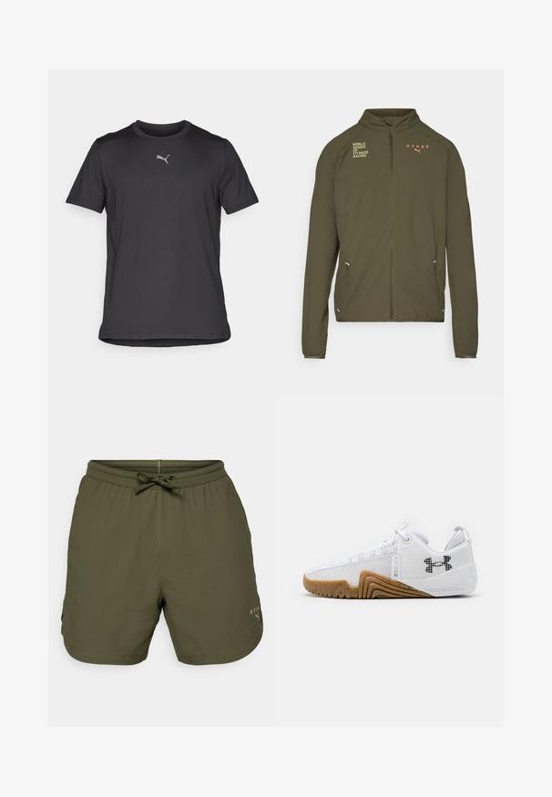 Olivno zelena atletska jakna z visokim ovratnikom, celotnim zadrgo spredaj, stranskimi žepi in natisnjenimi logotipi v beli in oranžni barvi. Narejena iz lahkotnega materiala.; Črna kratka športna majica s kratkimi rokavi, izdelana iz lahkega materiala. Ima majhen, odsevni logo na prsih in okroglo ovratnik.; Olivno zeleni športni šorti iz lahkega materiala, z elastičnim pasom in vrvico ter majhnim logotipom na strani.; Bele športne čevlje z mrežastim zgornjim delom, gumijastim podplatom v barvi gumija, teksturiranimi poudarki in črnim logotipom na strani.