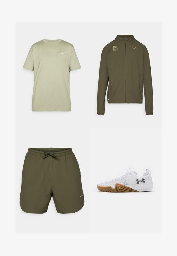 Olive green athletic jacket with high collar, full front zipper, side pockets, and printed logos in white and orange. Made of lightweight material.; Olive green t-shirt with a round neck and short sleeves. Features a small white Puma logo on the chest. Made of soft, lightweight fabric.; Olive green athletic shorts made of lightweight fabric, featuring an elastic waist with a drawstring and a small logo detail on the side.; White athletic shoes featuring a mesh upper, rubber outsole with a gum color, textured accents, and a black logo on the side.