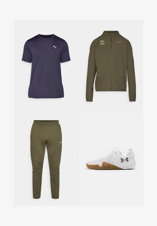 Olivno zelena atletska jakna z visokim ovratnikom, celotnim zadrgo spredaj, stranskimi žepi in natisnjenimi logotipi v beli in oranžni barvi. Narejena iz lahkotnega materiala.; Temno mornarsko modra majica s kratkimi rokavi, izdelana iz gladkega blaga, z okroglo ovratnikom. Bel logotip Puma na levi strani prsnega koša.; Olivno zeleni trenirke s ožjim krojem, elastičnim pasom in majhnim belim logotipom na levi strani. Mehka tkanina z gladko teksturo.; Bele športne čevlje z mrežastim zgornjim delom, gumijastim podplatom v barvi gumija, teksturiranimi poudarki in črnim logotipom na strani.