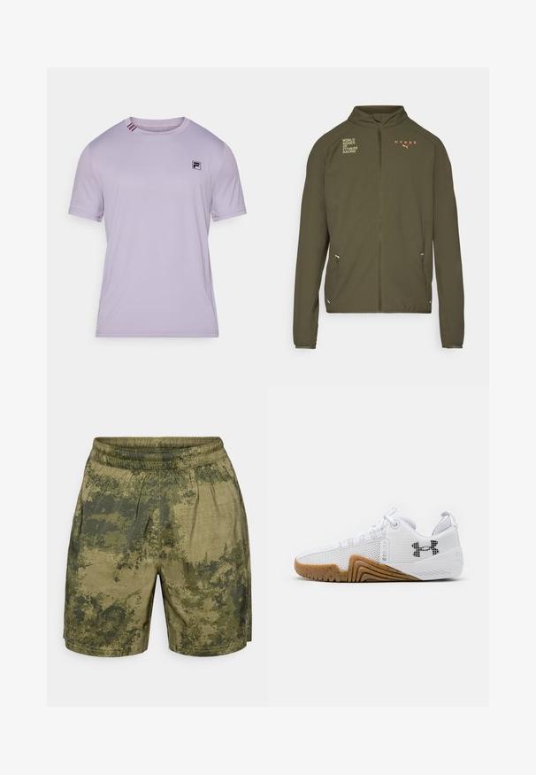 Oliven grønn treningsjakke med høy krage, hel glidelås, sidelommer og trykte logoer i hvitt og oransje. Laget av lett materiale.; Lyse lilla trenings-t-skjorte laget av glatt stoff. Har en svart logo på brystet og kontraststriper på kragen. Korte ermer.; Kamuflasjemønstrede shorts i nyanser av grønt, laget av lett materiale med elastisk midje og en avslappet passform.; Hvite joggesko med mesh-overdel, gummisåle i kamskjellfarge, teksturerte detaljer og en svart logo på siden.