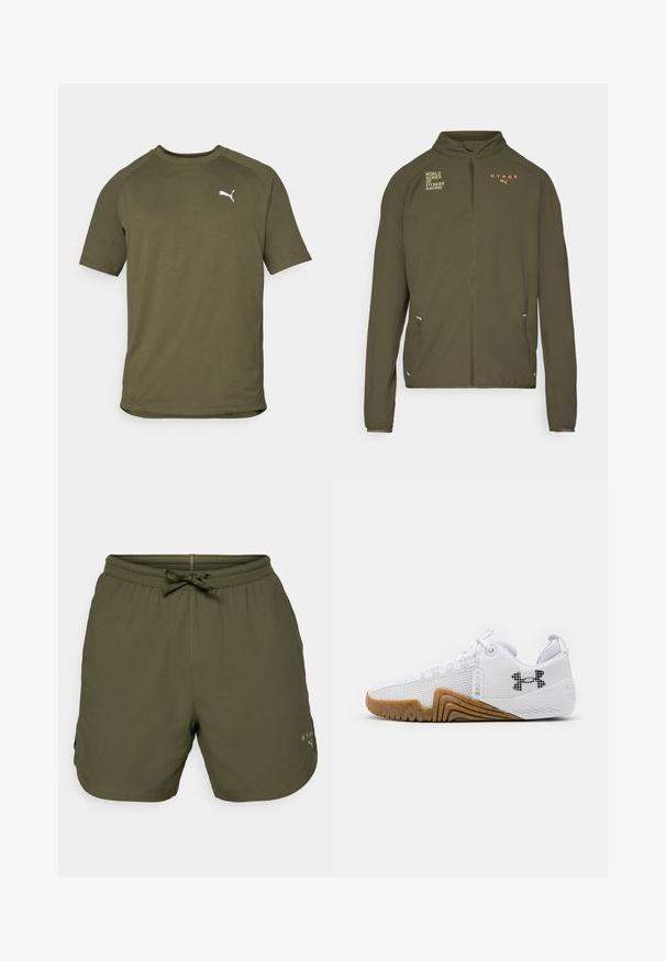 Oliivinvihreä urheilu takki, jossa on korkea kaulus, täysipituinen vetoketju, sivutaskut ja painetut logot valkoisena ja oranssina. Valmistettu kevyestä materiaalista.; Oliivinvihreä lyhythihainen t-paita, valmistettu sileästä kankaasta, jossa on pyöreä pääntie ja valkoinen logo vasemmalla rintapuolella.; Olivi vihreät urheilushortsit, jotka on valmistettu kevyestä kankaasta. Shortsissa on joustava vyötärö, jossa on naru, ja pieni logo yksityiskohtana sivussa.; Valkoiset urheilukengät, joissa on verkkopinta, kumipohja gumminvärisenä, tekstiiliset yksityiskohdat ja musta logo sivussa.
