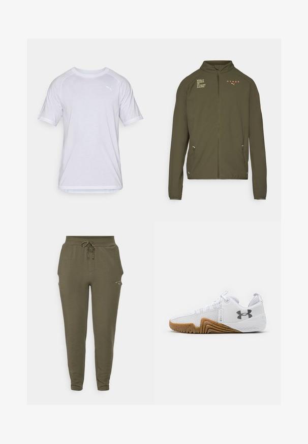 Alyvuogių žalios spalvos sportinė striukė su aukštu apykakle, pilnu priekiu užtrauktuku, šoninėmis kišenėmis ir baltomis bei oranžinėmis logotipo spaudomis. Pagaminta iš lengvos medžiagos.; Balta trumpa rankovėmis marškinėliai su apvaliu kaklu, lygiais siūlėmis ir subtiliu logotipo akcentu krūtinėje. Pagaminti iš lengvos, orui pralaidžios medžiagos.; Alyvuogių spalvos sportinės kelnės su elastingu juosmeniu ir reguliuojama raišteliu, pasižyminčios lieknu siluetu ir subtiliu logotipu šalia kišenės.; Balti sportiniai batai su tinklelio viršumi, guminiu padu rudos spalvos, tekstūruotais akcentais ir juodu logotipu šone.