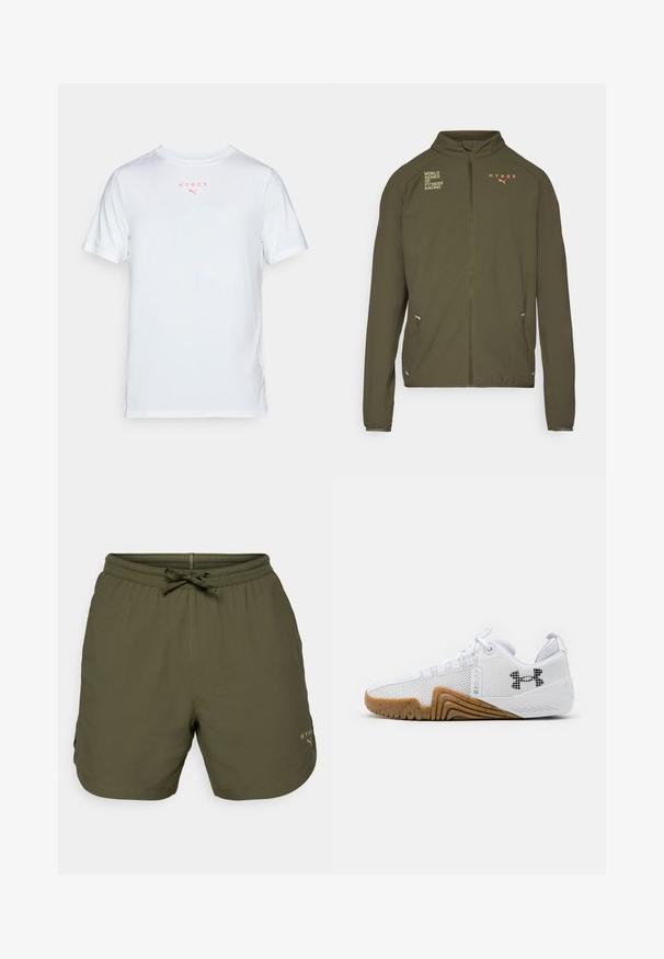Oliven grønn treningsjakke med høy krage, hel glidelås, sidelommer og trykte logoer i hvitt og oransje. Laget av lett materiale.; Hvit trenings t-skjorte med kort erme, med "HYROX" og en liten logo i korallfarge. Glatt tekstur, rund hals, vanlig passform.; Olivenfargede treningsshorts laget av lett materiale, med elastisk midje og snor, samt en liten logo på siden.; Hvite joggesko med mesh-overdel, gummisåle i kamskjellfarge, teksturerte detaljer og en svart logo på siden.