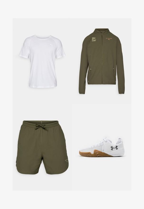 Chaqueta deportiva de color verde oliva con alto cuello, cremallera frontal completa, bolsillos laterales y logotipos impresos en blanco y naranja. Fabricada en material ligero.; Camiseta atlética blanca de manga corta con una textura suave. Presenta un escote redondo y un pequeño logo en un tono claro en el lado izquierdo del pecho.; Bermudas deportivas de color verde oliva, hechas de un tejido ligero, con una cintura elástica y un cordón de ajuste, además de un pequeño detalle de logo en el costado.; Zapatillas deportivas blancas con parte superior de malla, suela de goma de color goma, acentos texturizados y un logo negro en el costado.