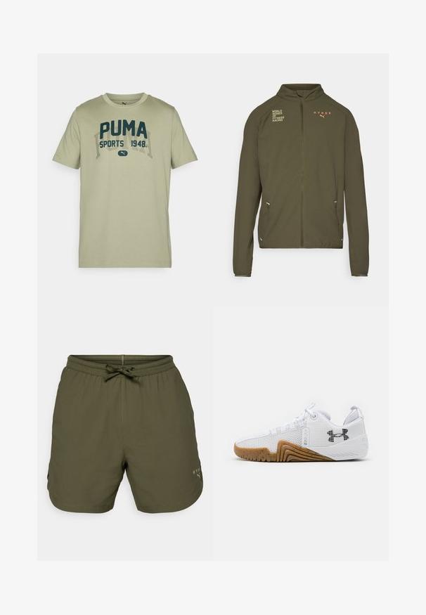Olive roheline sportlik jakk, millel on kõrge krae, täispikk tõmblukk, küljetaskud ning valge ja oranži värviga trükitud logod. Valmistatud kerge materjali koostisest.; Heledad roheline puuvillane T-särk lühikeste varrukatega, ümmargune kaelus ja tume sinine PUMA teksti kujundus, kus on kontrastne kiri "SPORTS 1948".; Olive roheline spordilühikesed, mis on valmistatud kergest kangast, elastse vöökoha ja paelaga ning väikese logodetailiga küljele.; Valged sportlikud kingad, mis on varustatud võrgust pealsega, kummise välispõhjaga, millel on pruuni värvi tooni, tekstuursete detailidega ja must logoga külgedel.