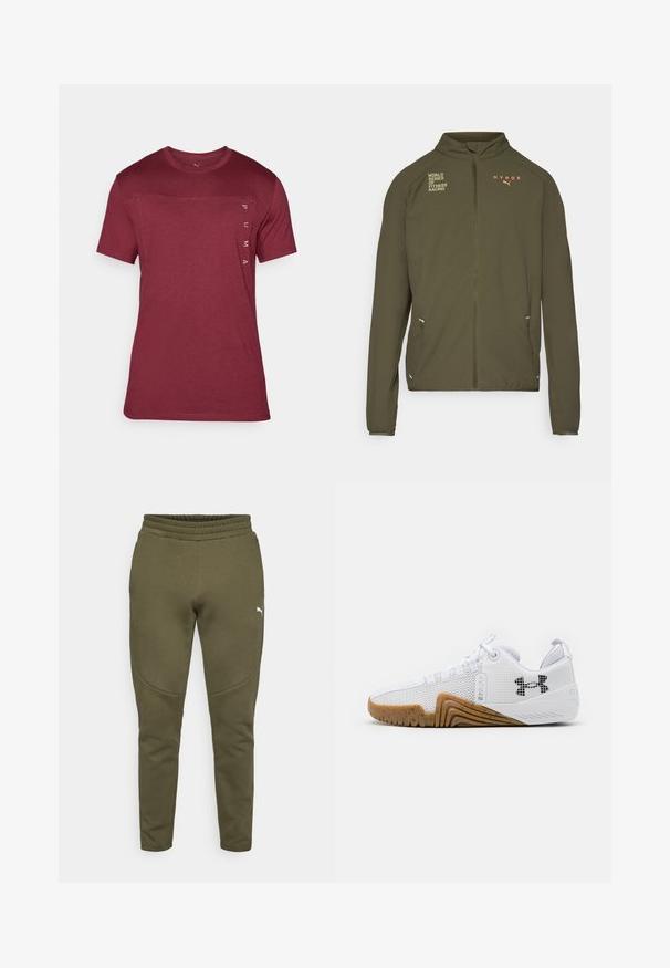 Olive green athletic jacket with high collar, full front zipper, side pockets, and printed logos in white and orange. Made of lightweight material.; Red short-sleeve T-shirt made of soft fabric featuring a crew neckline and a logo printed vertically on the left side.; Olive green sweatpants with a tapered fit, elastic waistband, and a small white logo on the left side. Soft fabric with a smooth texture.; White athletic shoes featuring a mesh upper, rubber outsole with a gum color, textured accents, and a black logo on the side.