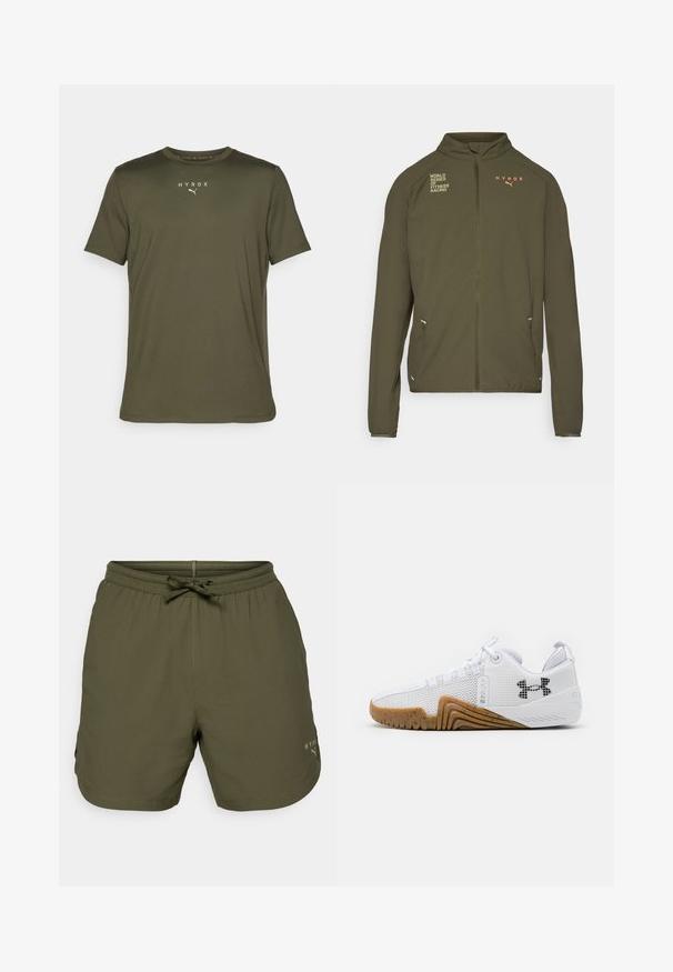 Olive roheline sportlik jakk, millel on kõrge krae, täispikk tõmblukk, küljetaskud ning valge ja oranži värviga trükitud logod. Valmistatud kerge materjali koostisest.; Kerge kangaga oliivroheline spordit-särk, millel on ümar kaelus ja lühikesed varrukad. Rinnal on "HYROX" logo ja Puma embleem.; Olive roheline spordilühikesed, mis on valmistatud kergest kangast, elastse vöökoha ja paelaga ning väikese logodetailiga küljele.; Valged sportlikud kingad, mis on varustatud võrgust pealsega, kummise välispõhjaga, millel on pruuni värvi tooni, tekstuursete detailidega ja must logoga külgedel.