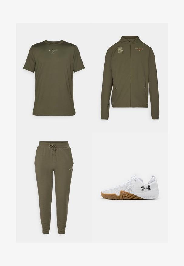 Olive green athletic jacket with high collar, full front zipper, side pockets, and printed logos in white and orange. Made of lightweight material.; Olive green athletic T-shirt in lightweight fabric, featuring a round neck and short sleeves. "HYROX" logo and Puma emblem on the chest.; Olive green sweatpants with elastic waistband and adjustable drawstring, featuring a slim fit and subtle logo near the pocket.; White athletic shoes featuring a mesh upper, rubber outsole with a gum color, textured accents, and a black logo on the side.