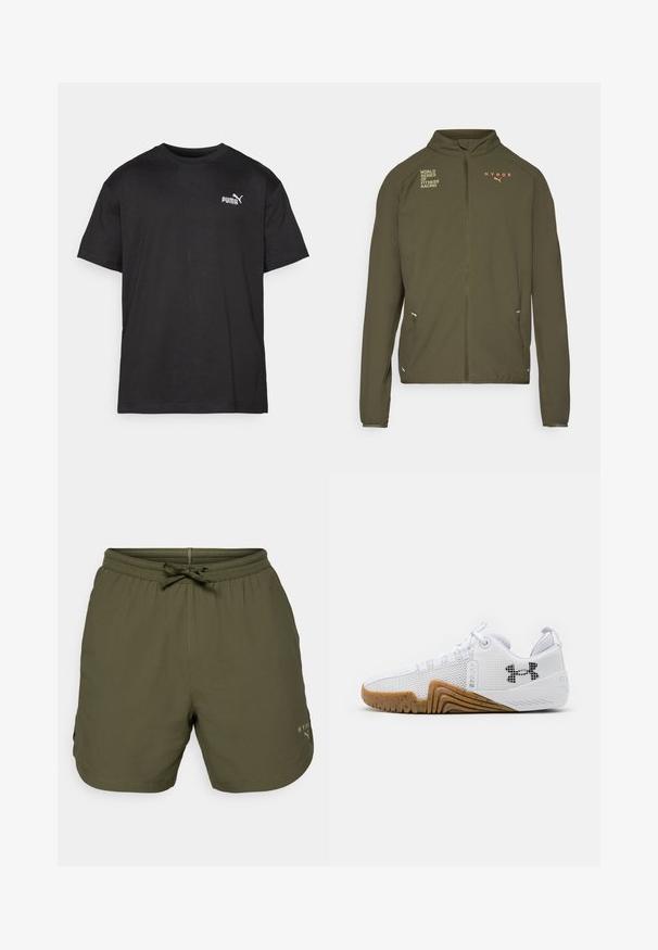 Jachetă sport de culoare verde măsliniu cu guler înalt, fermoar pe toată lungimea frontală, buzunare laterale și logo-uri imprimate în alb și portocaliu. Fabricată din material ușor.; Tricou din bumbac negru, cu mânecă scurtă, guler rotund, cu logo-ul alb Puma pe partea stângă a pieptului, tiv drept, textură netedă.; Șorturi atletice de culoare verde măslină, fabricate dintr-un material ușor, cu talie elastică și șnur de ajustare, având un mic detaliu cu logo pe lateral.; Pantofi sport albi cu o uppers din plasă, talpă din cauciuc de culoare caramel, accente texturate și un logo negru pe lateral.