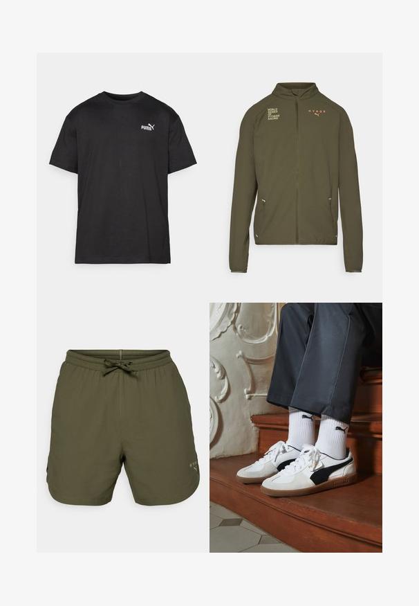 Olive roheline sportlik jakk, millel on kõrge krae, täispikk tõmblukk, küljetaskud ning valge ja oranži värviga trükitud logod. Valmistatud kerge materjali koostisest.; Mustmust värvi puuvillane T-särk, lühikesed varrukad, ümmargune kaelus, vasakul rindkere kohal on valge Puma logo, sirge äär, sile tekstuur.; Olive roheline spordilühikesed, mis on valmistatud kergest kangast, elastse vöökoha ja paelaga ning väikese logodetailiga küljele.; Puma tossud valgest ja mustast südamikust, millel on pruun kummi tall. Kombineeritud valgete sokkidega, millel on must logo, kantud tumedate pükstega.