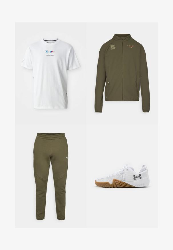 Oliivinvihreä urheilu takki, jossa on korkea kaulus, täysipituinen vetoketju, sivutaskut ja painetut logot valkoisena ja oranssina. Valmistettu kevyestä materiaalista.; Valkoinen puuvillapaita, jossa on BMW-logo, harmaalla tekstillä "Motorsport" ja värikkäillä yksityiskohdilla sivuilla. Lyhyet hihat ja pyöreä kaula-aukko.; Oliiviväriset dressipüksid kitseneva lõikega, elastse vöökoha ja väikese valge logoga vasakul küljel. Pehme kangas sujuva tekstuuriga.; Valkoiset urheilukengät, joissa on verkkopinta, kumipohja gumminvärisenä, tekstiiliset yksityiskohdat ja musta logo sivussa.