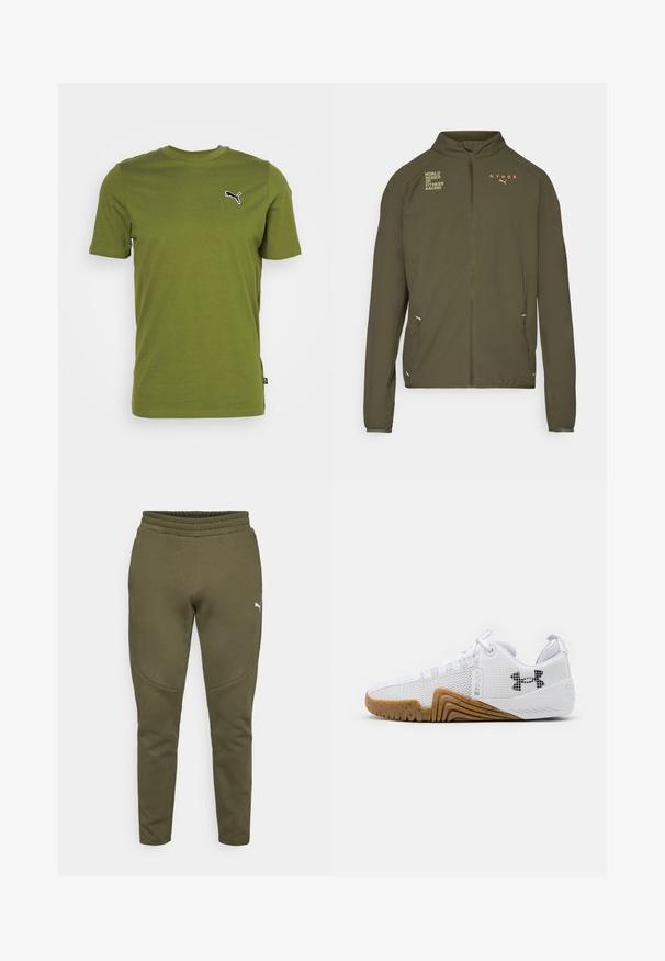 Olivengrøn træningsjakke med høj krave, fuld frontlynlås, sidelommer og trykte logoer i hvid og orange. Lavet af letvægtsmateriale.; Oliven grøn bomulds t-shirt med korte ærmer, rund hals og sort broderet Puma-logo på venstre bryst. Glat tekstur.; Olivengrønne sweatpants med en tætsiddende pasform, elastisk talje og et lille hvidt logo på venstre side. Blødt stof med en glat overflade.; Hvide atletik sko med mesh overdel, gummisål i gummifarve, teksturerede detaljer og en sort logo på siden.