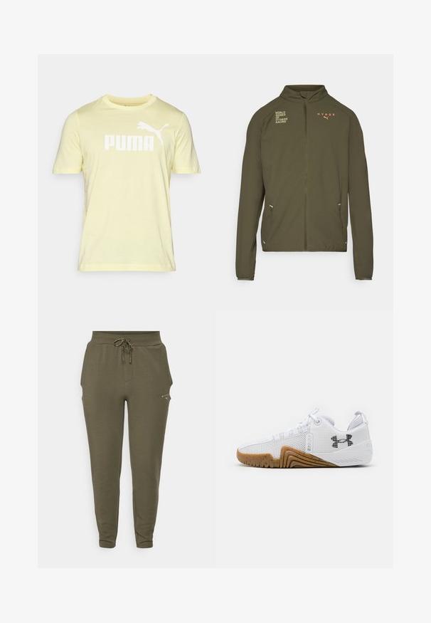 Olijfgroene sportjack met hoge kraag, volledige ritssluiting, zijzakken en bedrukte logo's in wit en oranje. Gemaakt van lichtgewicht materiaal.; Gele katoenen t-shirt met korte mouwen, met een groot wit "PUMA" logo en een puma-silhouet op de voorkant. Zachte textuur, ronde hals.; Olijfgroene sweatpants met elastische tailleband en verstelbaar trekkoord, met een slim fit en een subtiel logo nabij de zak.; Witte sportschoenen met een bovenwerk van mesh, rubberen buitenzool in een gomkleur, textuuraccenten en een zwart logo op de zijkant.