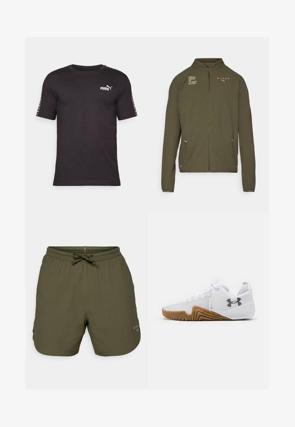 Chaqueta deportiva de color verde oliva con alto cuello, cremallera frontal completa, bolsillos laterales y logotipos impresos en blanco y naranja. Fabricada en material ligero.; Camiseta de manga corta negra hecha de algodón. Presenta un cuello redondo, logo de PUMA en el pecho y acentos estampados a lo largo de las mangas.; Bermudas deportivas de color verde oliva, hechas de un tejido ligero, con una cintura elástica y un cordón de ajuste, además de un pequeño detalle de logo en el costado.; Zapatillas deportivas blancas con parte superior de malla, suela de goma de color goma, acentos texturizados y un logo negro en el costado.