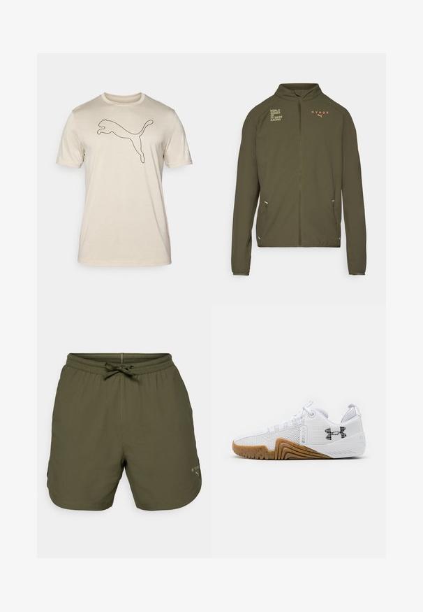 Chaqueta deportiva de color verde oliva con alto cuello, cremallera frontal completa, bolsillos laterales y logotipos impresos en blanco y naranja. Fabricada en material ligero.; Camiseta de algodón beige de manga corta con un contorno negro de un logotipo de pantera saltando en el centro. Textura suave, diseño de cuello redondo.; Bermudas deportivas de color verde oliva, hechas de un tejido ligero, con una cintura elástica y un cordón de ajuste, además de un pequeño detalle de logo en el costado.; Zapatillas deportivas blancas con parte superior de malla, suela de goma de color goma, acentos texturizados y un logo negro en el costado.