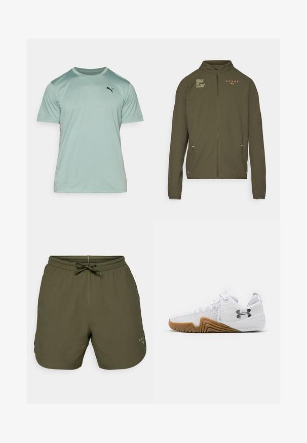 Olive roheline sportlik jakk, millel on kõrge krae, täispikk tõmblukk, küljetaskud ning valge ja oranži värviga trükitud logod. Valmistatud kerge materjali koostisest.; Hele rohelise värvi lühikeste varrukatega spordipesu, mis on valmistatud siledast ja hingavast kangast. Rinnal on väike must Puma logo.; Olive roheline spordilühikesed, mis on valmistatud kergest kangast, elastse vöökoha ja paelaga ning väikese logodetailiga küljele.; Valged sportlikud kingad, mis on varustatud võrgust pealsega, kummise välispõhjaga, millel on pruuni värvi tooni, tekstuursete detailidega ja must logoga külgedel.