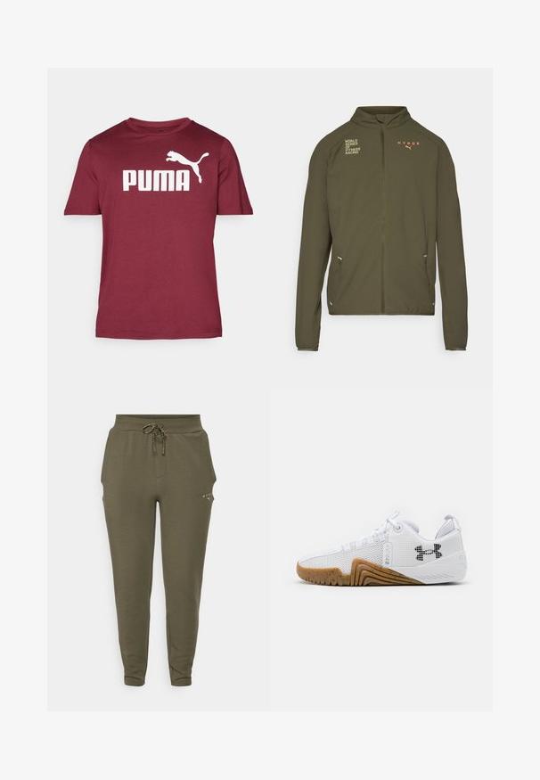 Olive green athletic jacket with high collar, full front zipper, side pockets, and printed logos in white and orange. Made of lightweight material.; Maroon short-sleeve T-shirt made of soft fabric featuring a large white "PUMA" logo and leaping puma graphic on the front.; Olive green sweatpants with elastic waistband and adjustable drawstring, featuring a slim fit and subtle logo near the pocket.; White athletic shoes featuring a mesh upper, rubber outsole with a gum color, textured accents, and a black logo on the side.
