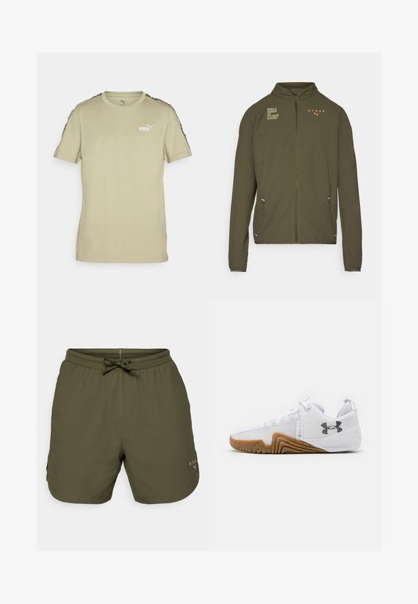 Olīvu zaļa sporta jaka ar augstu apkakli, pilnu priekšējo rāvējslēdzi, sānu kabatām un drukātiem logotipiem baltā un oranžā krāsā. Izgatavota no viegla materiāla.; Gai olīvu zaļa īsām piedurknēm T-krekls, kas izgatavots no mīksta kokvilnas. Tam ir apaļa izgriezne, logo uz krūšu daļas un kontrastējošas rakstainas piedurknes.; Olīvzaļi sporta šorti, izgatavoti no viegla auduma, ar elastīgu jostu un auklu, kā arī ar nelielu logotipa detaļu sānos.; Balti sporta apavi ar sietu augšdaļu, gumijas zoli ar gumijas krāsu, teksturētām akcentiem un melnu logo sānos.