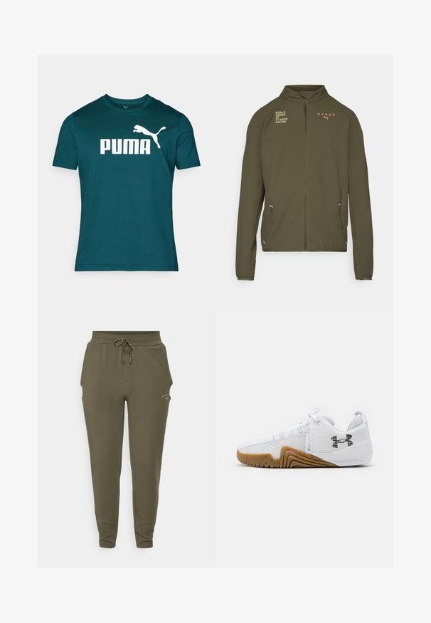 Olive green athletic jacket with high collar, full front zipper, side pockets, and printed logos in white and orange. Made of lightweight material.; Teal cotton t-shirt with a crew neck, featuring a large white "PUMA" logo and a leaping puma graphic in white. Short sleeves and standard fit.; Olive green sweatpants with elastic waistband and adjustable drawstring, featuring a slim fit and subtle logo near the pocket.; White athletic shoes featuring a mesh upper, rubber outsole with a gum color, textured accents, and a black logo on the side.