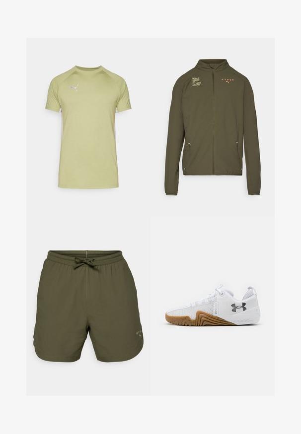 Olivově zelená sportovní bunda s vysokým límcem, plným předním zipem, postranními kapsami a potištěnými logy v bílé a oranžové barvě. Vyrobena z lehkého materiálu.; Zelené tričko s krátkým rukávem, kulatým výstřihem a raglánovými rukávy, s bílým logem na levé horní části hrudi a bílými bočními panely.; Olivově zelené sportovní šortky vyrobené z lehkého materiálu, se skládacím pasem a šňůrkou, a s malým logem na boku.; Bílé sportovní boty svršek z prodyšné síťoviny, gumová podrážka v barvě gumy, texturované detaily a černé logo na boku.