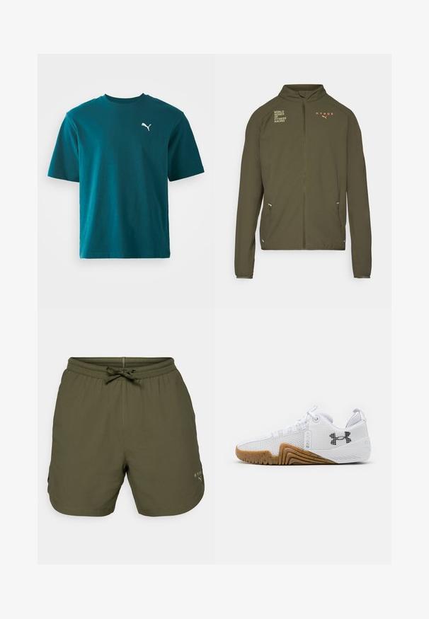 Olivovozelená športová bunda s vysokým golierom, plným predným zipsom, bočnými vreckami a potlačenými logami v bielej a oranžovej farbe. Vyrobená z ľahkého materiálu.; Tyrkysové bavlnené tričko s krátkymi rukávmi, okrúhlym výstrihom a bielym logom Puma na ľavej hrudi; hladká textúra a bežný strih.; Olivovo zelené športové šortky vyrobené z ľahkého materiálu, s elastickým pásom a šnúrkou na stiahnutie, s malým logom na boku.; Biele atletické topánky s priedušným zvrškom, gumenou podrážkou v gumovej farbe, textúrovanými akcentmi a čiernym logom na boku.