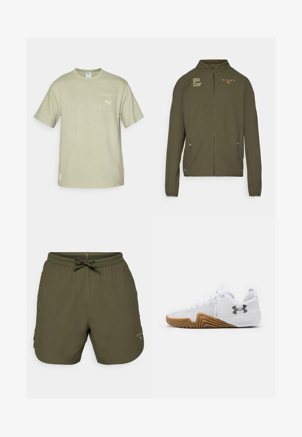 Olive roheline sportlik jakk, millel on kõrge krae, täispikk tõmblukk, küljetaskud ning valge ja oranži värviga trükitud logod. Valmistatud kerge materjali koostisest.; Hele rohelise tekstuuriga t-särk lühikeste varrukatega, ümmargune kaelus, eesmine tasku ja väike tikand rinnal. Masinapesukindel.; Olive roheline spordilühikesed, mis on valmistatud kergest kangast, elastse vöökoha ja paelaga ning väikese logodetailiga küljele.; Valged sportlikud kingad, mis on varustatud võrgust pealsega, kummise välispõhjaga, millel on pruuni värvi tooni, tekstuursete detailidega ja must logoga külgedel.