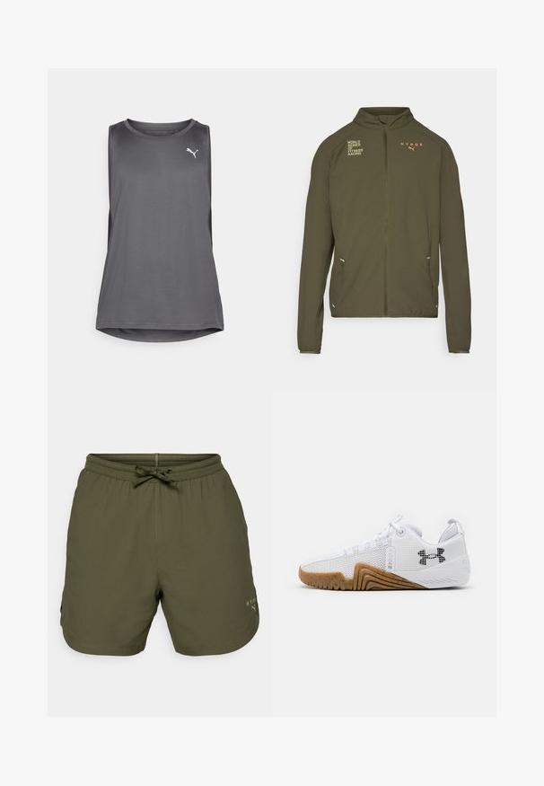 Maslinasto zelena atletska jakna s visokim ovratnikom, punim prednjim zatvaračem, bočnim džepovima i otisnutim logotipima u bijeloj i narančastoj boji. Izrađena od laganog materijala.; Sivi bez rukava atletski top napravljen od prozračnog materijala, s okruglim izrezom i bočnim izrezima. Bijeli logo sprijeda.; Maslinasto zeleni atletski šortsevi od lagane tkanine, s elastičnom strukom s vezicom i malim logotipom sa strane.; Bijele atletske tenisice s gornjim dijelom od mrežice, gumenim potplatom u boji gume, teksturiranim akcentima i crnim logotipom sa strane.
