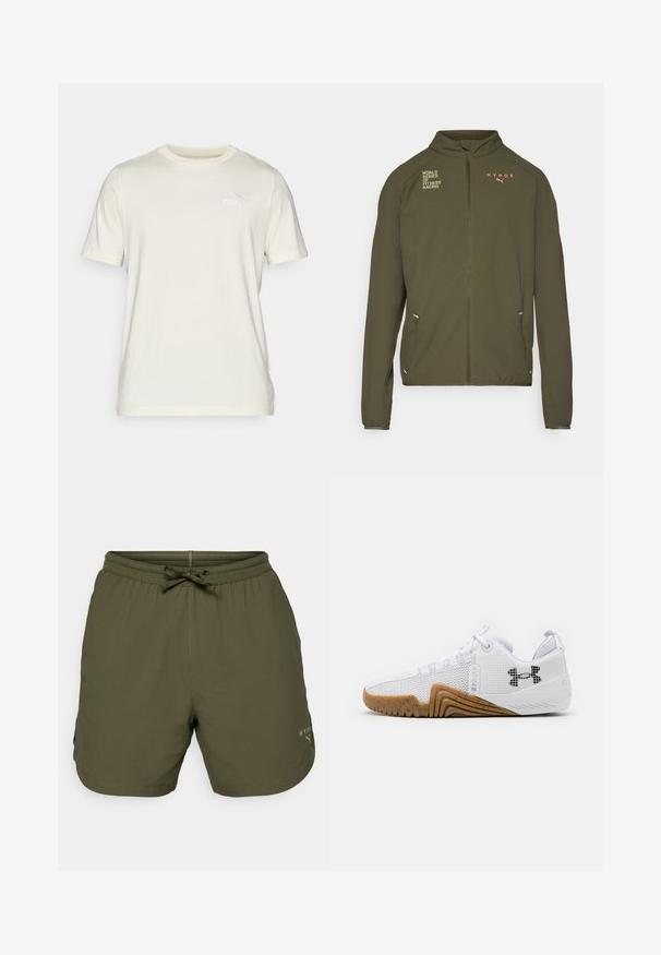 Jachetă sport de culoare verde măsliniu cu guler înalt, fermoar pe toată lungimea frontală, buzunare laterale și logo-uri imprimate în alb și portocaliu. Fabricată din material ușor.; Tricou crem cu mânecă scurtă, fabricat din bumbac moale, cu guler rotund. Prezintă un mic logo brodat Puma pe piept.; Șorturi atletice de culoare verde măslină, fabricate dintr-un material ușor, cu talie elastică și șnur de ajustare, având un mic detaliu cu logo pe lateral.; Pantofi sport albi cu o uppers din plasă, talpă din cauciuc de culoare caramel, accente texturate și un logo negru pe lateral.