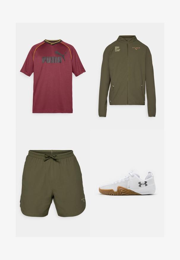 Oliven grønn treningsjakke med høy krage, hel glidelås, sidelommer og trykte logoer i hvitt og oransje. Laget av lett materiale.; Burgunderfarget sportsdrakt laget av pustende stoff, med kortermede ermer, V-hals, svart Puma-logo og gule aksenter langs halslinjen.; Olivenfargede treningsshorts laget av lett materiale, med elastisk midje og snor, samt en liten logo på siden.; Hvite joggesko med mesh-overdel, gummisåle i kamskjellfarge, teksturerte detaljer og en svart logo på siden.